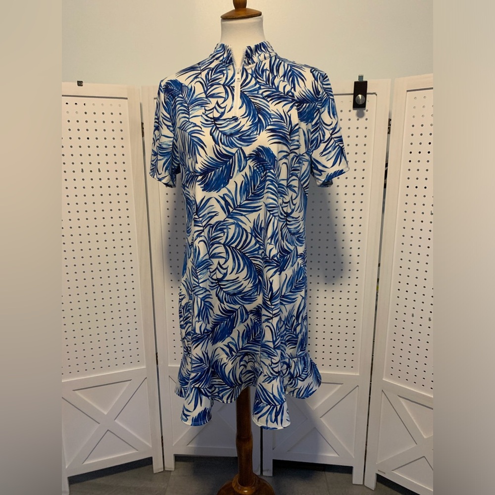 Tommy Bahama Blue and White Ruffled Tiered Mini Dress